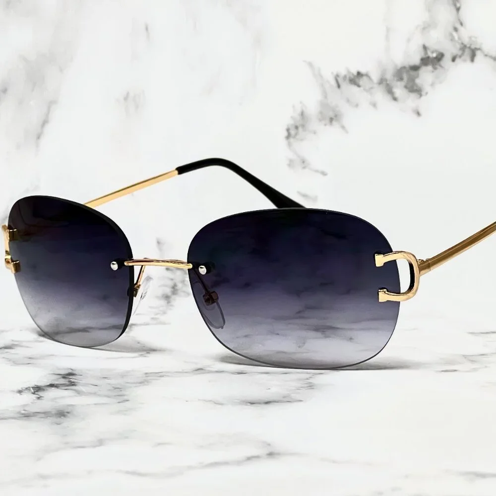 Men Sunglasses Hip Hop Shades Metal Gold Rimless Black Lens Outdoor Street Wear‎